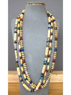 Three Strand Vintage Bovine Bone Bead Necklace with Red Green & Blue Glass - 26"